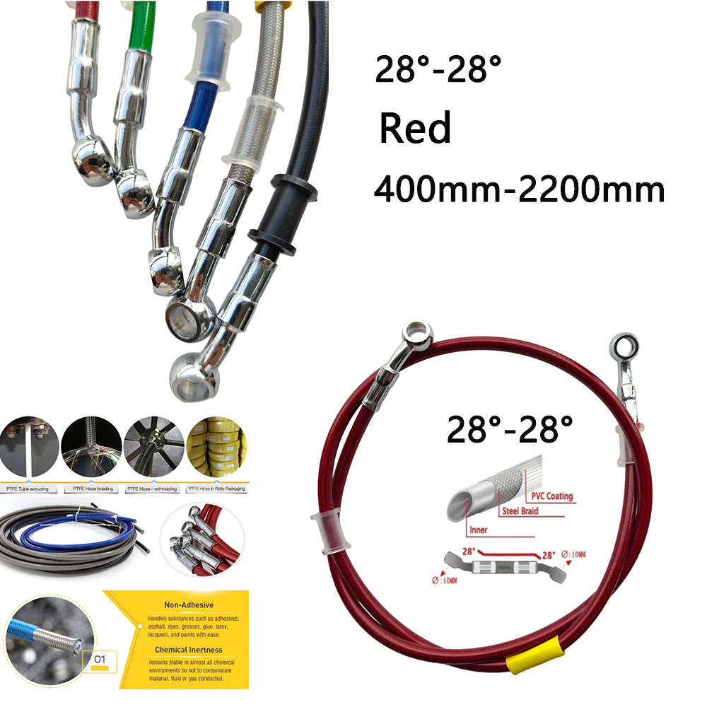 Motorcycle Brake Cable - 28-28 สีแดง ยูนิเวอร์แซล สายเบรคไฮดรอลิกสำหรับรถจักรยานยนต์ สายถักเหล็ก ท่อน้ำมัน